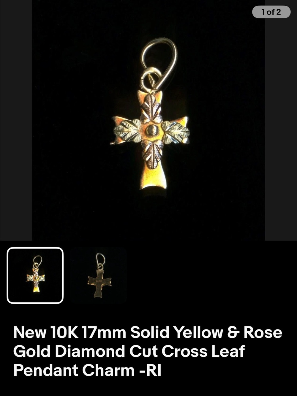 10K Yellow and Rose Gold Cross Pendant Charm - Two-Tone Leaf Design and chain